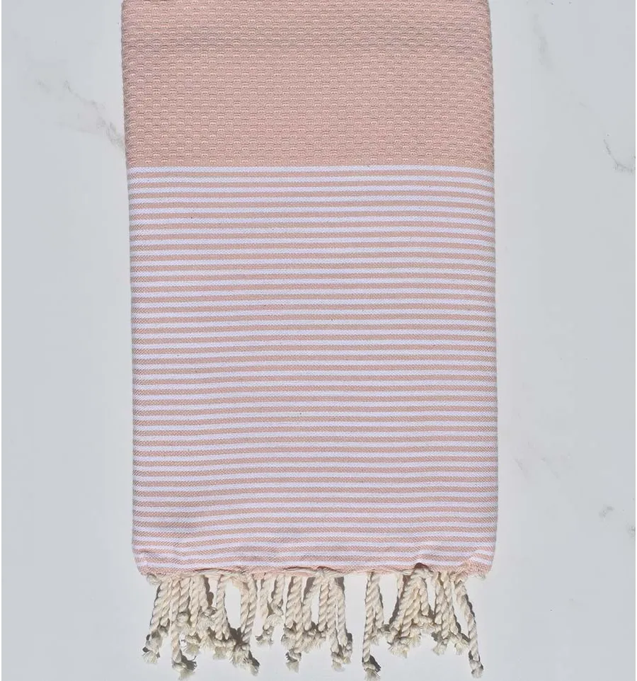 FOUTA  HONEYCOMB Rosa Biskuit gestreift weiß Fouta Tunisia - 1