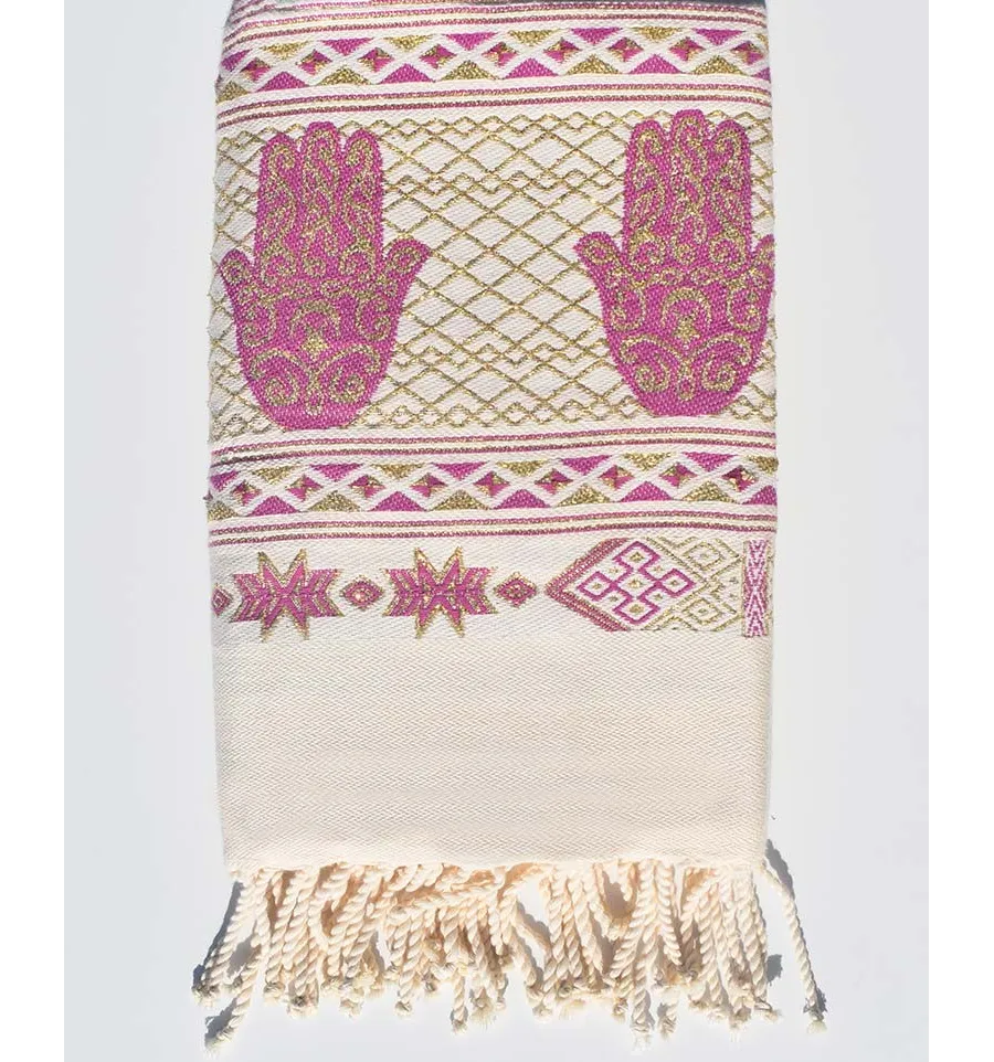 Fouta Khomsa cremeweiß und lila rosa Fouta Tunisia - 1