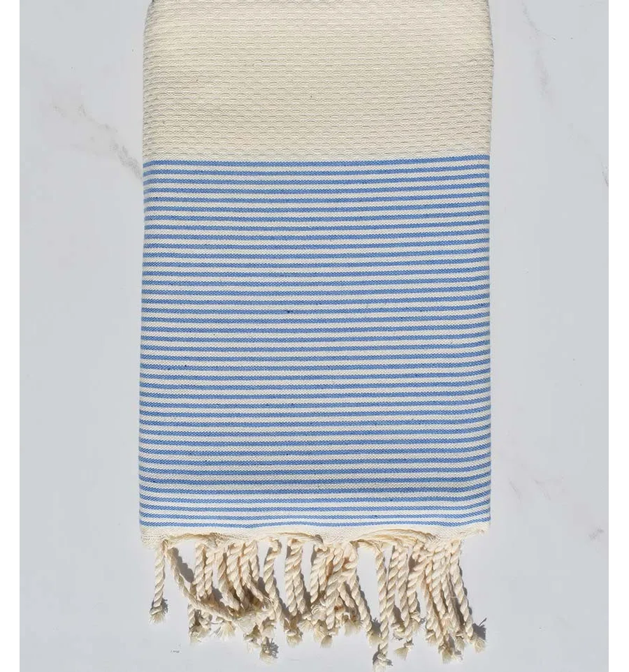 Strandtuch Waben hellbeige gestreiftes Azurblau Fouta Tunisia - 1