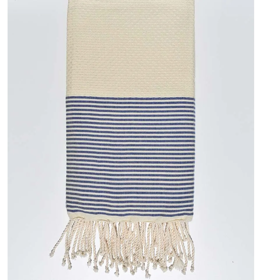 Ecru-Waben-Strandtuch mit dunkelblauen Streifen Fouta Tunisia - 1