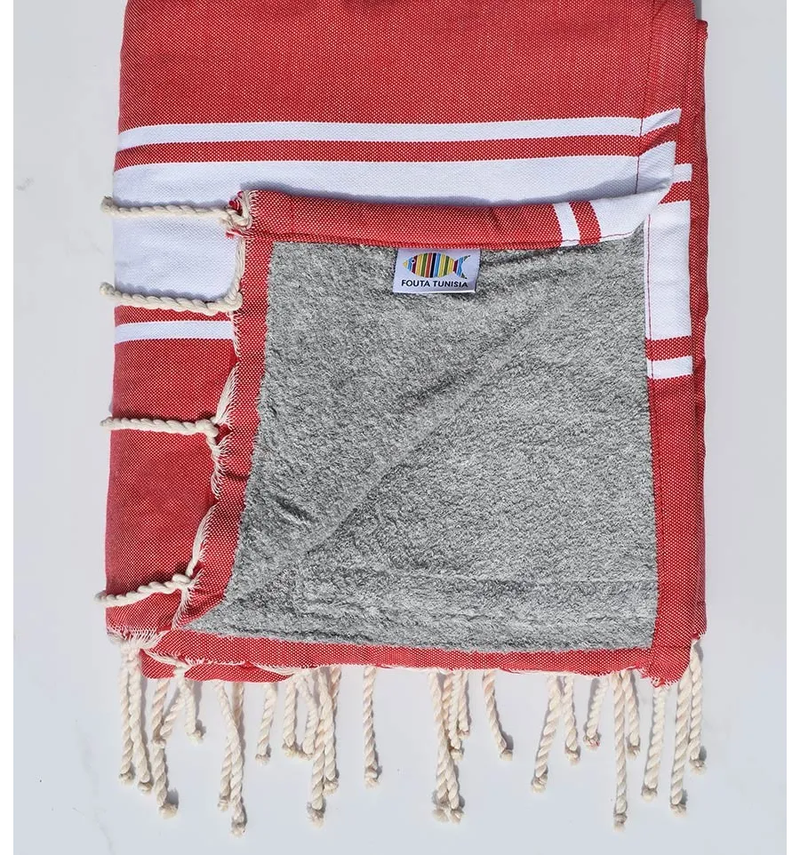 Fouta Mit rotem und grauem Frottee ausgekleidetes Strandtuch Fouta Tunisia - 1