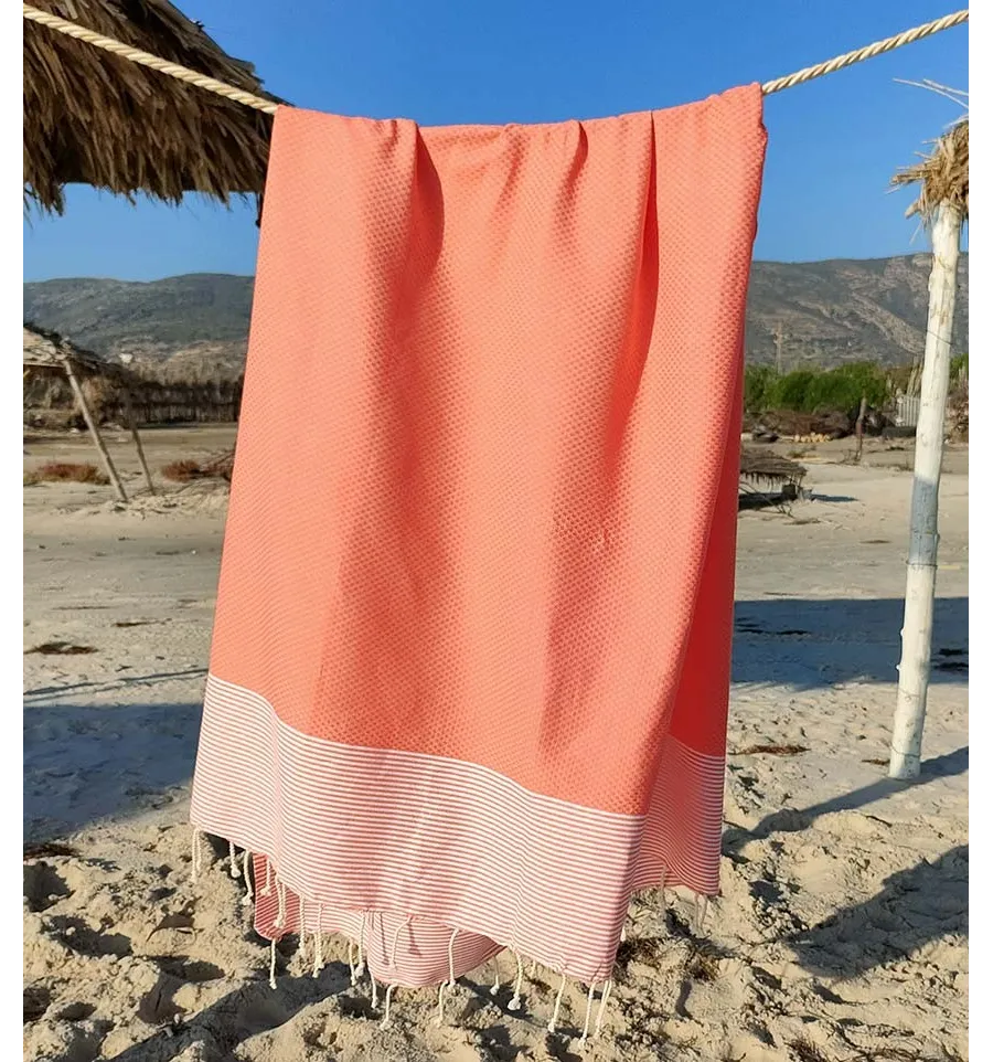 Sehr leichtes Korallen-Waben-Strandtuch Fouta Tunisia - 1