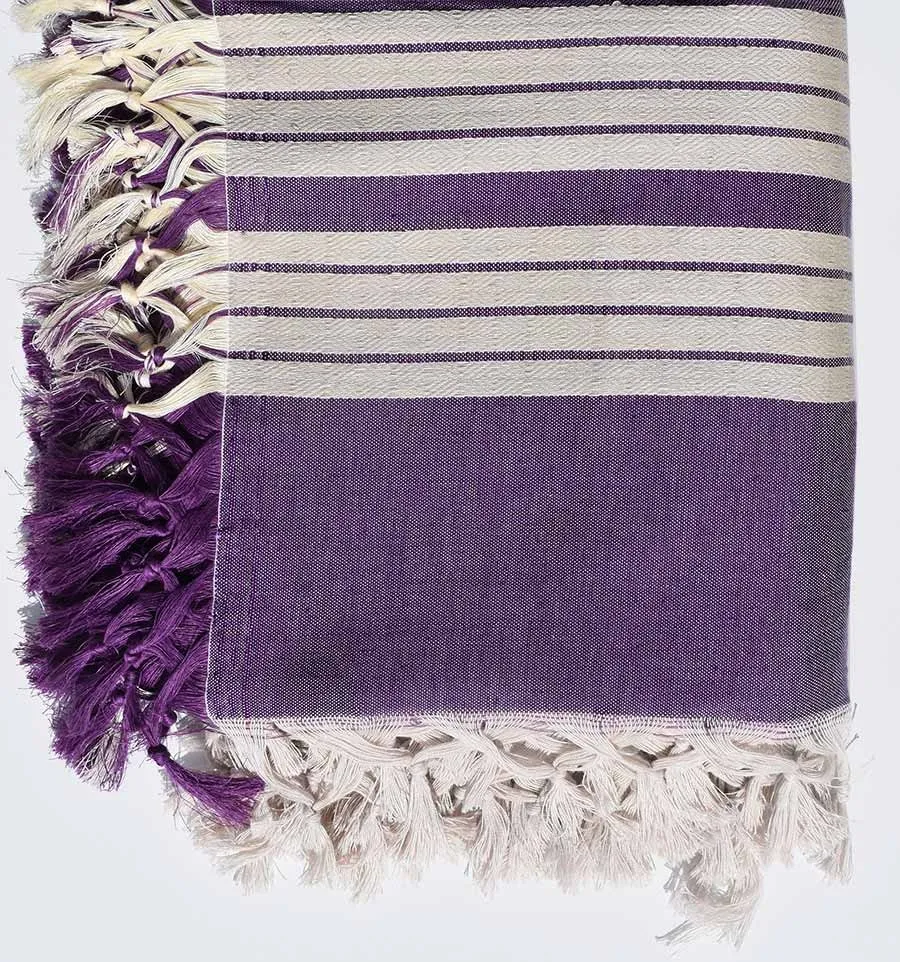 Bettüberwürfe 4 Fransen lila und cremeweiß 2.2m x 2.8m Fouta Tunisia - 2