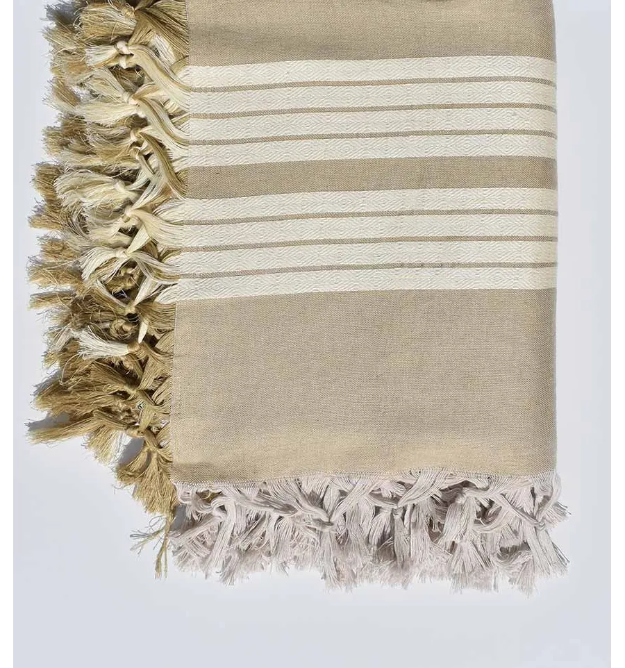 Bettüberwürfe 4 Fransen beige mit cremeweißen streifen Fouta Tunisia - 2