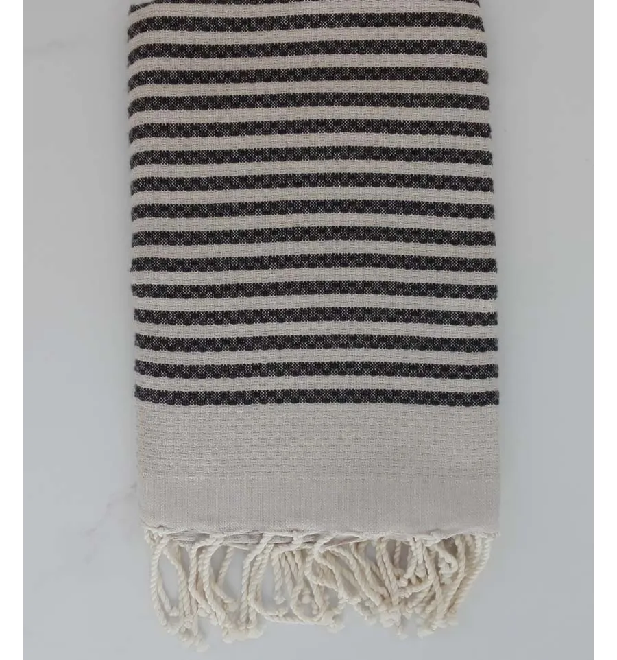 FOUTA nid d'abeille beige clair rayée 1 cm rayure noir 