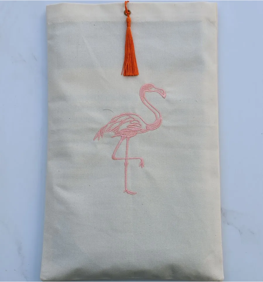 Beutel hellbeiges mit Flamingo Stickerei und orange Bommel Fouta Tunisia - 1