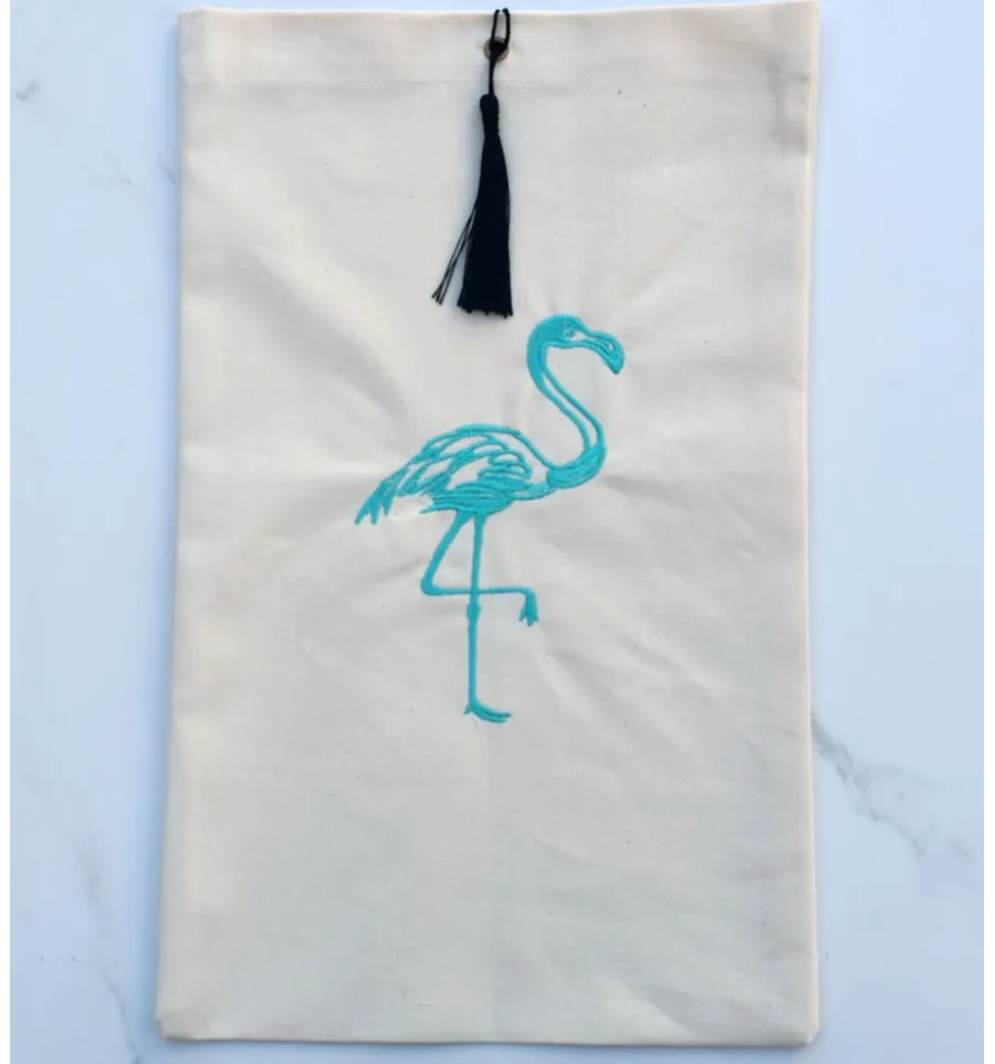 Beutel hellbeiges mit Flamingo Stickerei und schwarzem Bommel Fouta Tunisia - 1