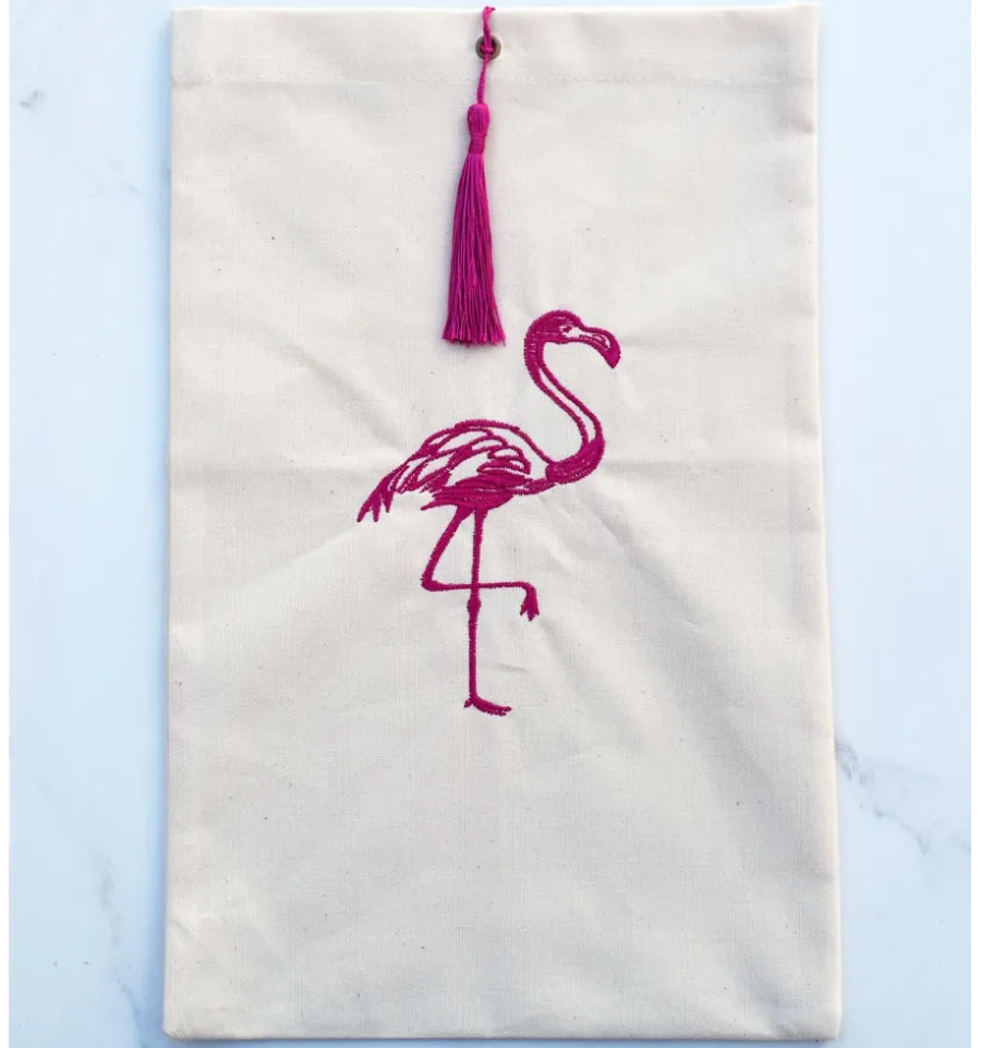 Beutel hellbeiges mit flamingo stickerei und rosa Bommel Fouta Tunisia - 1