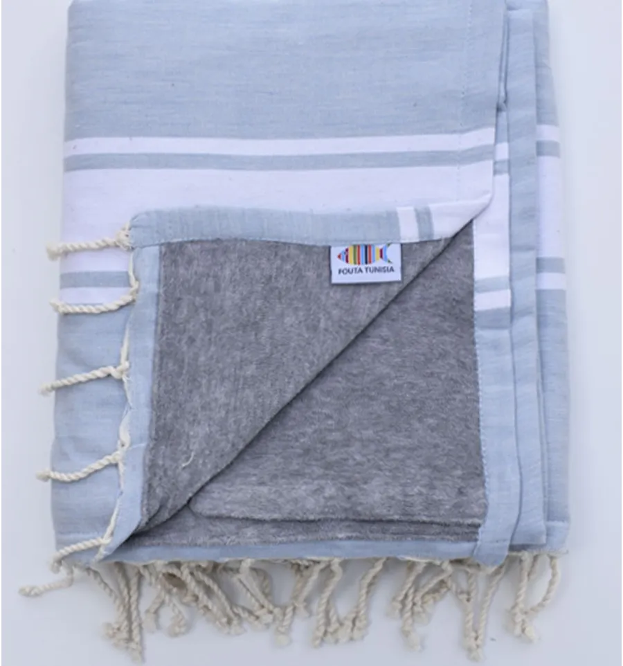 Strandtuch Doppelte Schwamm rauchblau und grau Fouta Tunisia - 1