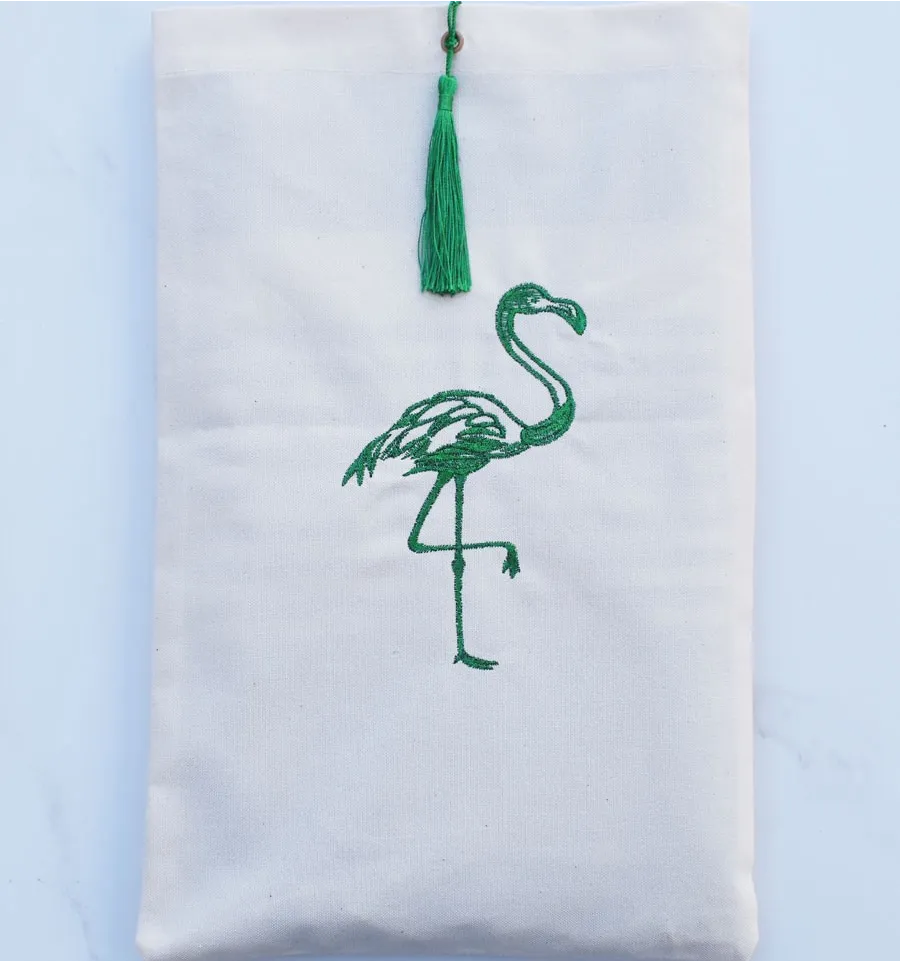 Beutel hellbeiges besticktes Flamingo und grünem Bommel Fouta Tunisia - 1