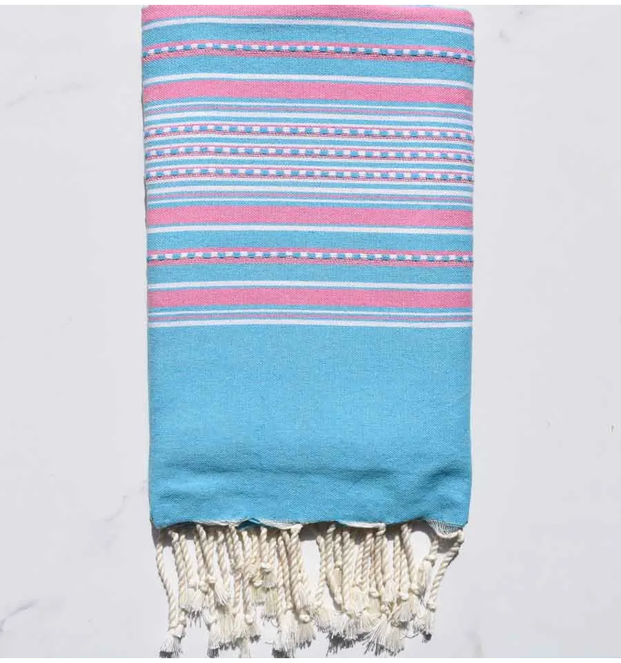 Strandtuch Arabeske himmlischem Blau mit pastellrosa Streifen Fouta Tunisia - 1