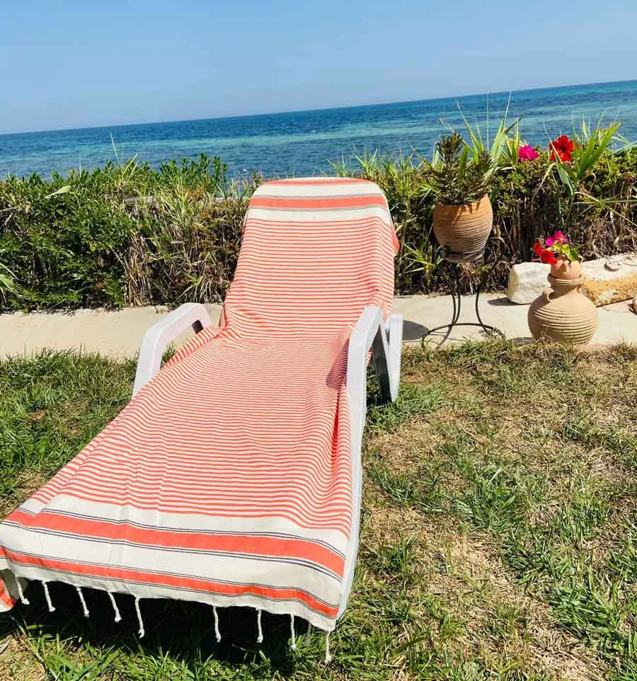 Strandtuch cremeweiß, orange und schwarz Fouta Tunisia - 1