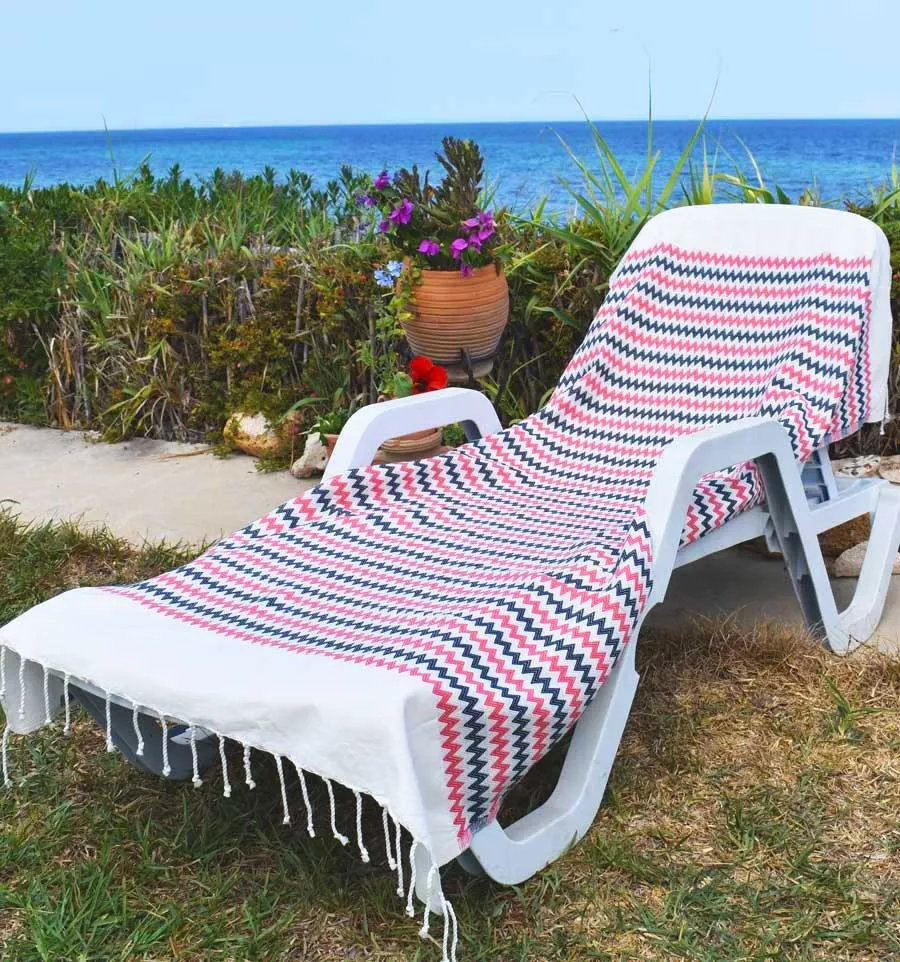 Strandtuch Zick-Zack cremeweiß, rosa und dunkelblau Fouta Tunisia - 1