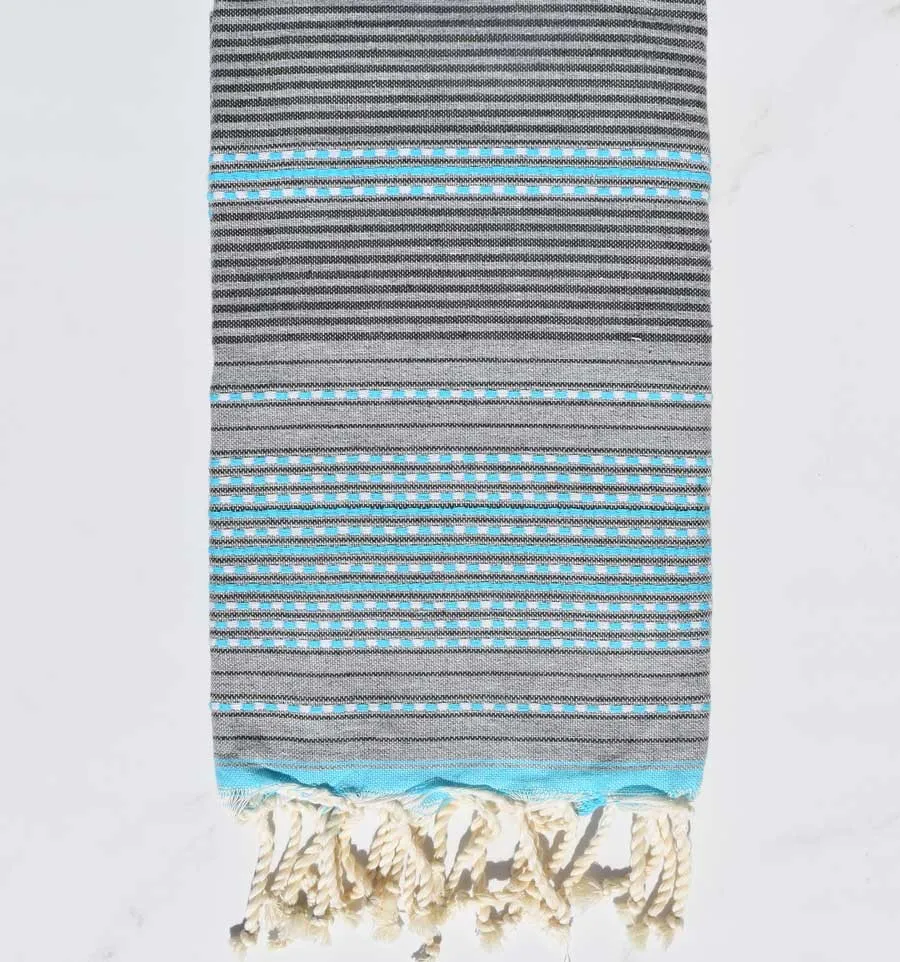 Fouta arabesque gris avec rayures bleu clair  - 1