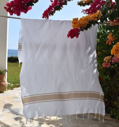 Strandtuch Weiß mit Beigen Streifen Fouta Tunisia - 1