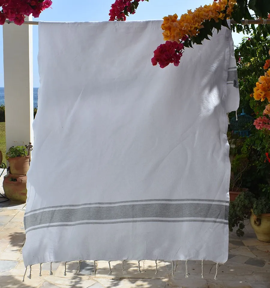 Weißes Strandtuch Streifen grauen Fouta Tunisia - 1