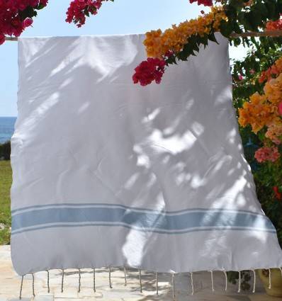 Strandtuch Weiß mit Himmelblau Streifen Fouta Tunisia - 1