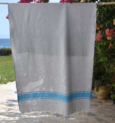 Strandtuch Grau mit Azurblauen Streifen Fouta Tunisia - 1