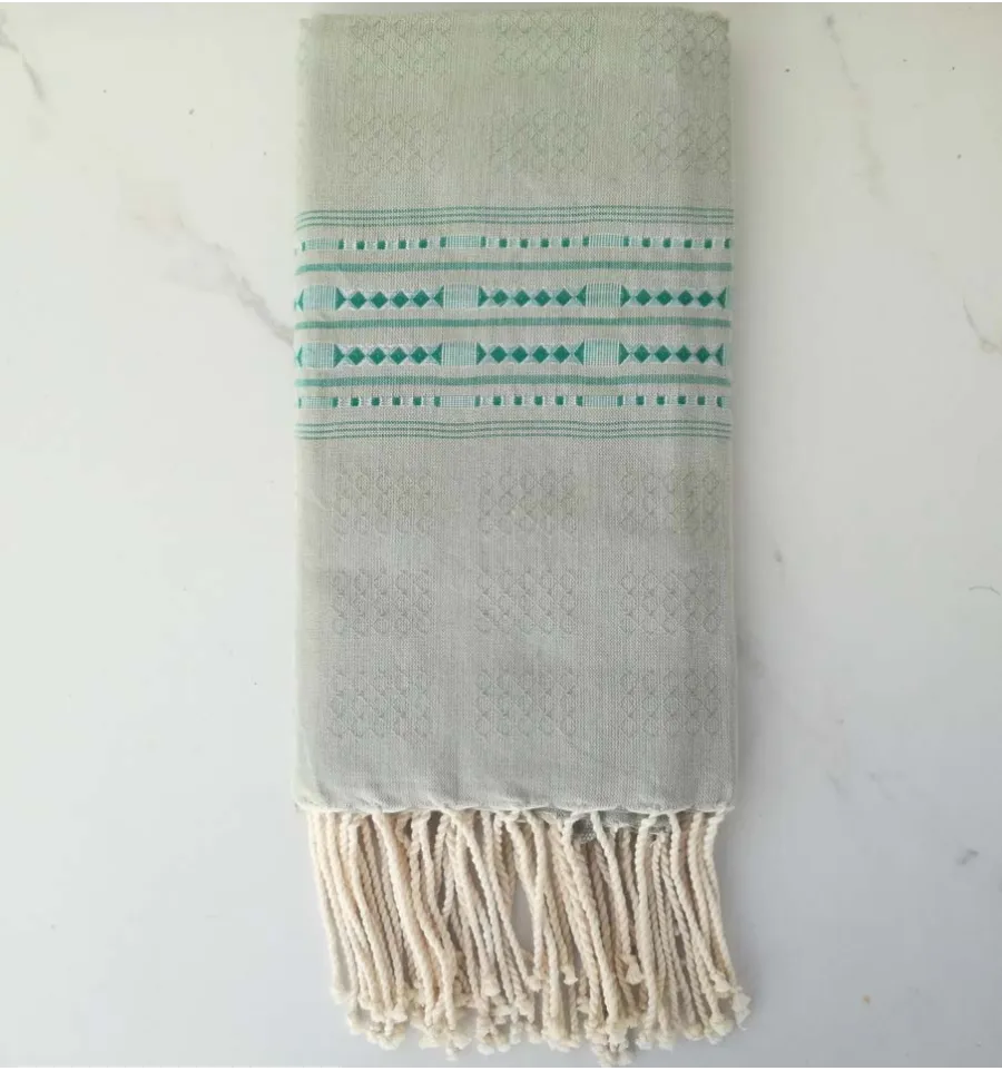 Fouta thalasso vert sauge avec motifs bleu 