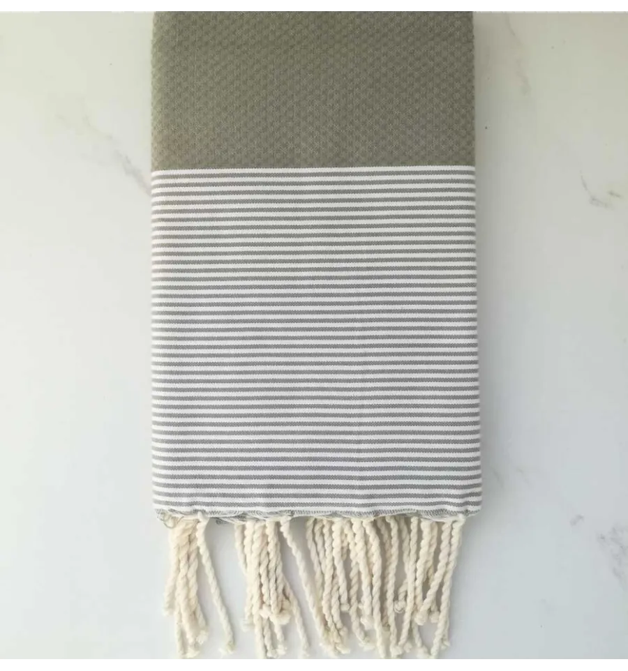 FOUTA NID D'ABEILLE beige vert rayée blanc 