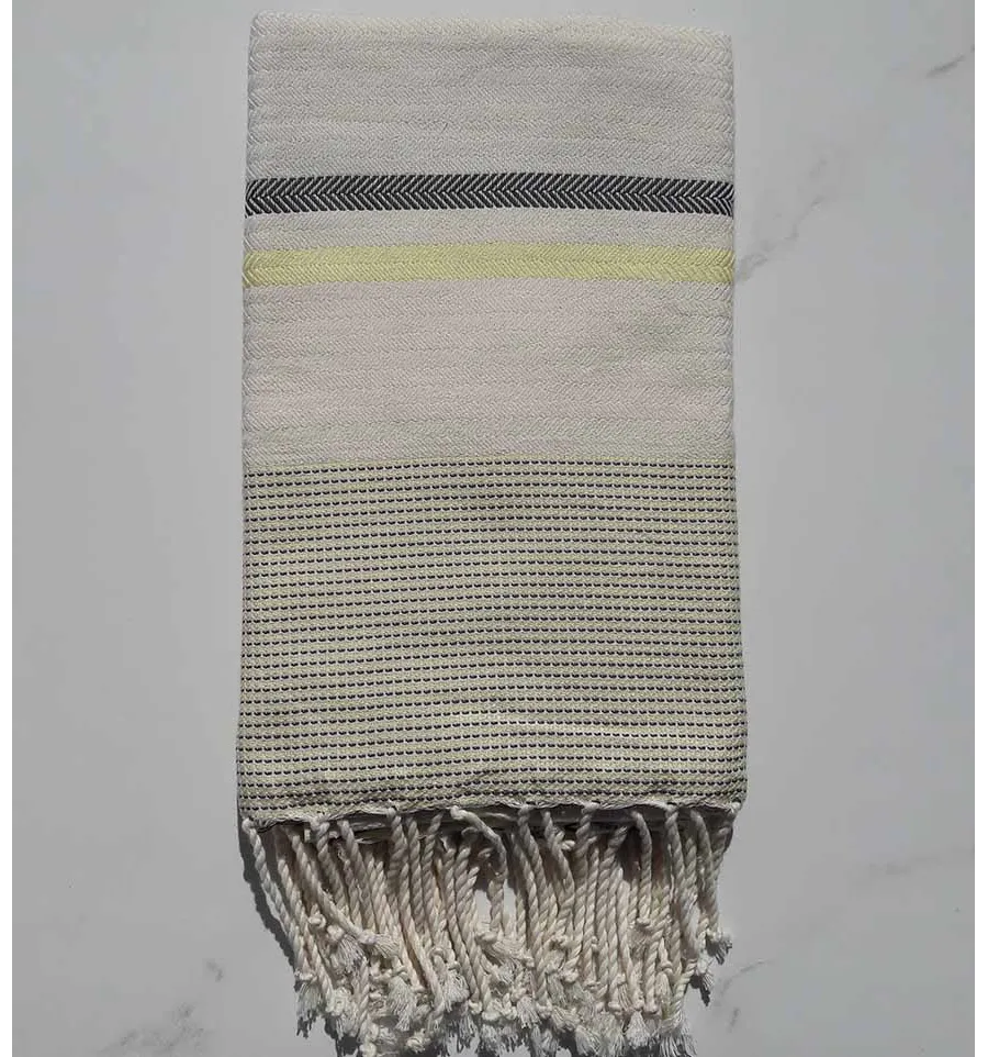 Fouta chevron bianco crema, taupe e giallo neon 