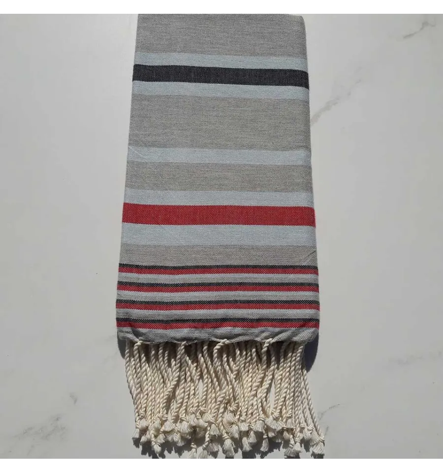 Fouta Dina gris rayée bleu ciel, anthracite et rouge 