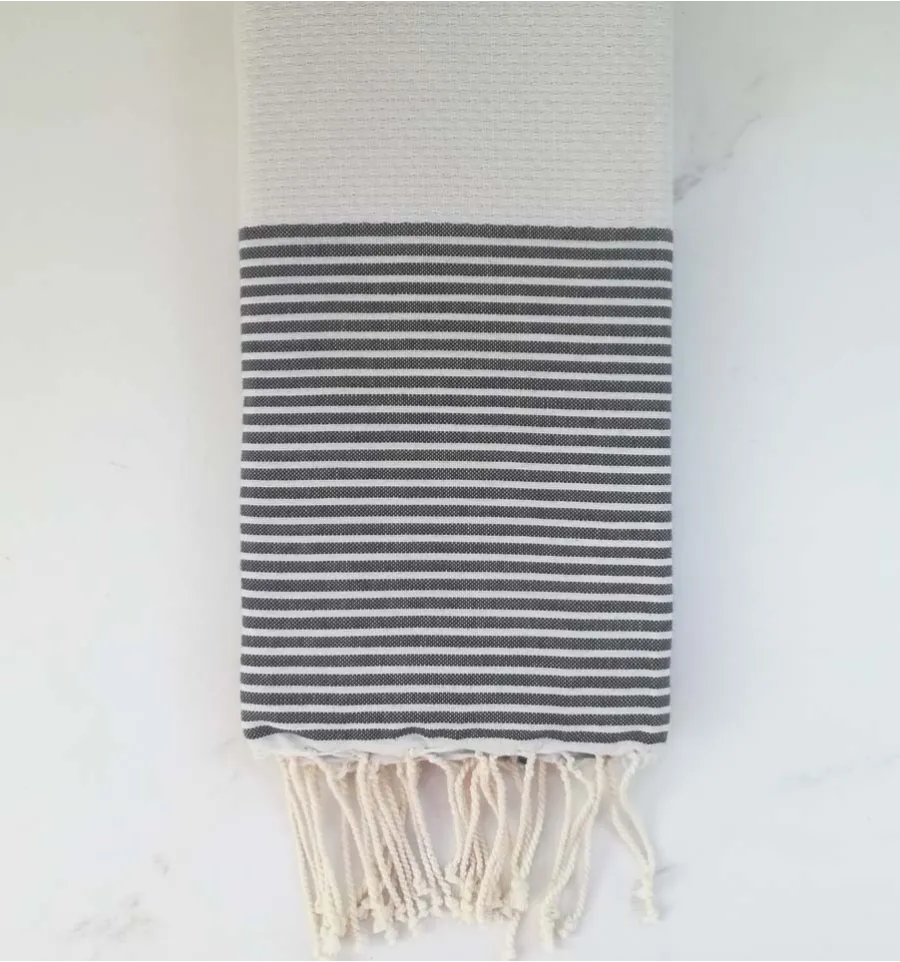 FOUTA NID D'ABEILLE Gris taupe rayée vert vif 