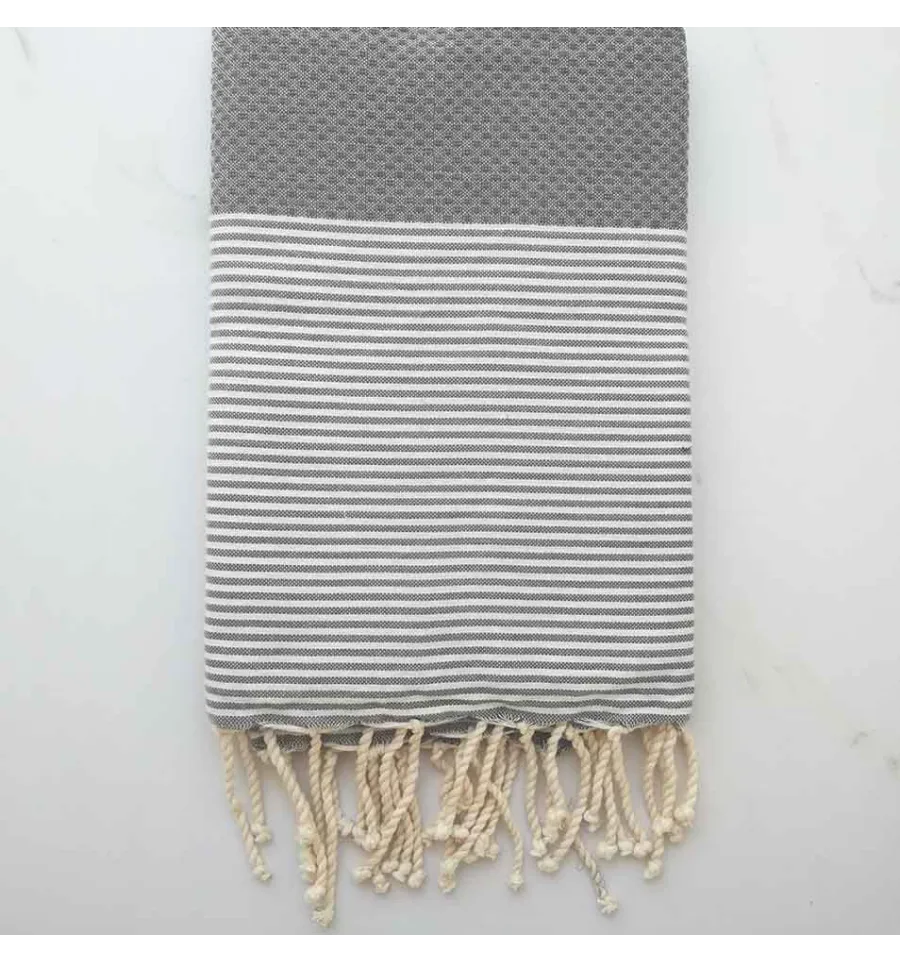 FOUTA NID D'ABEILLE  gris ciment rayée blanc 