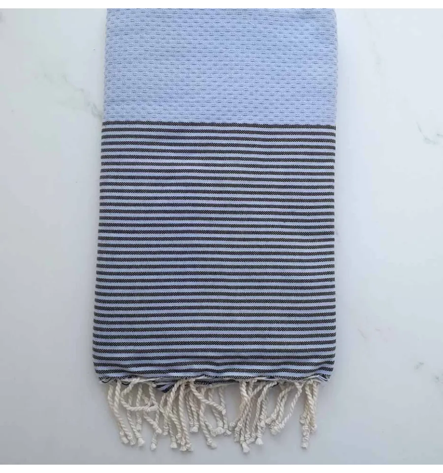 FOUTA NID D'ABEILLE bleu pompadour rayée noir 