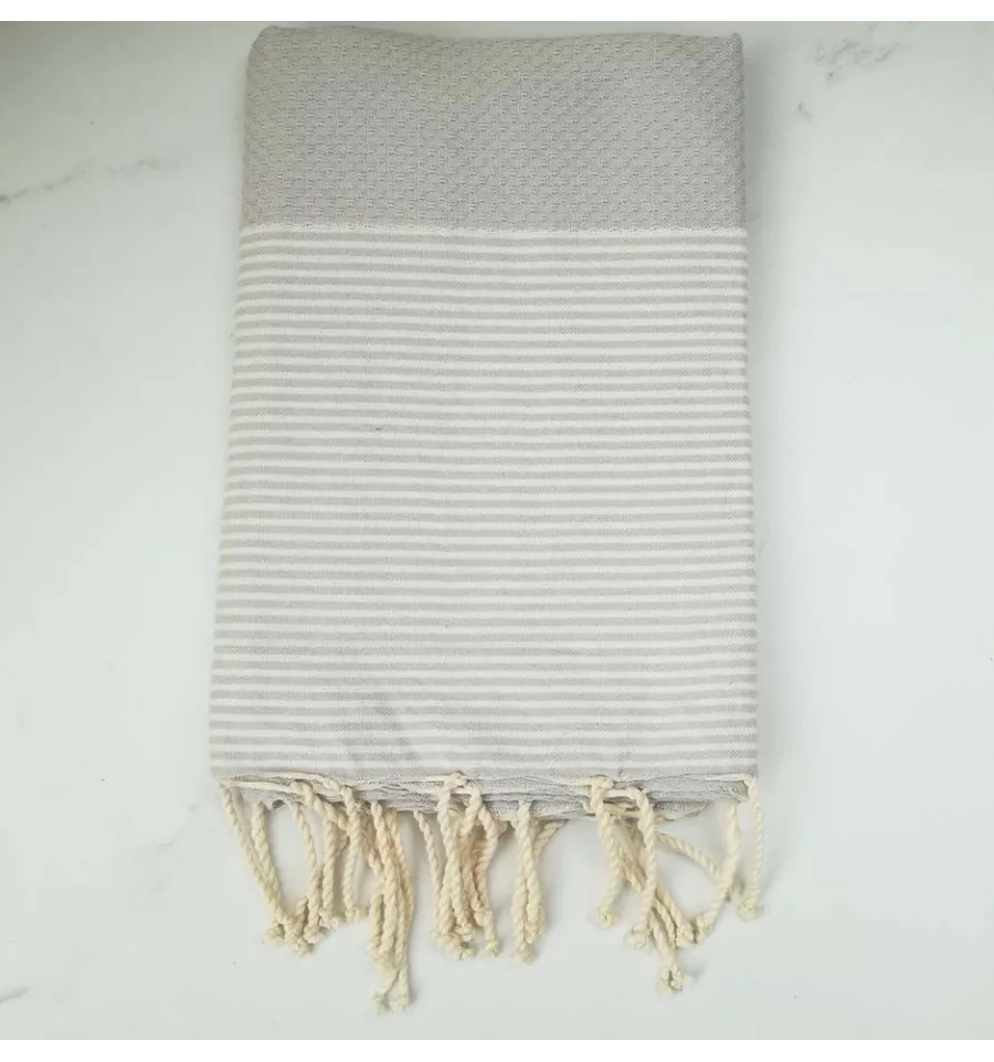 FOUTA NID D'ABEILLE gris perle rayée blanc 