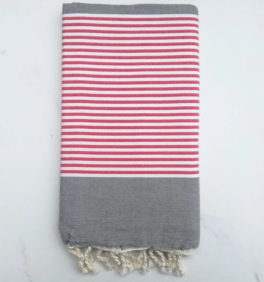 Fouta plate gris rayée rouge et blanc 