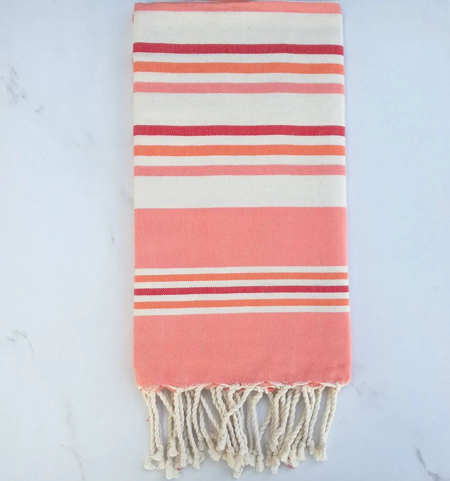 Fouta plate blanc crème, rose clair , rouge et orange 