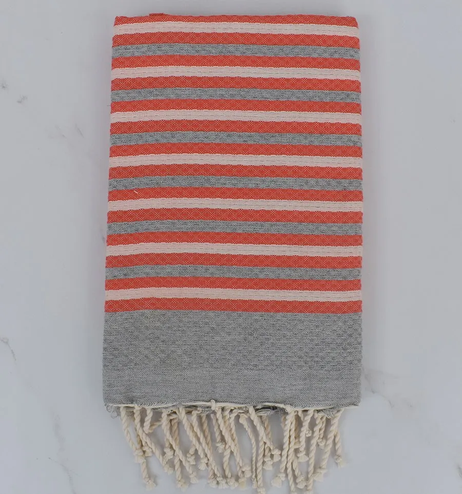 Fouta nid d'abeille gris et corail rayée 1 cm 