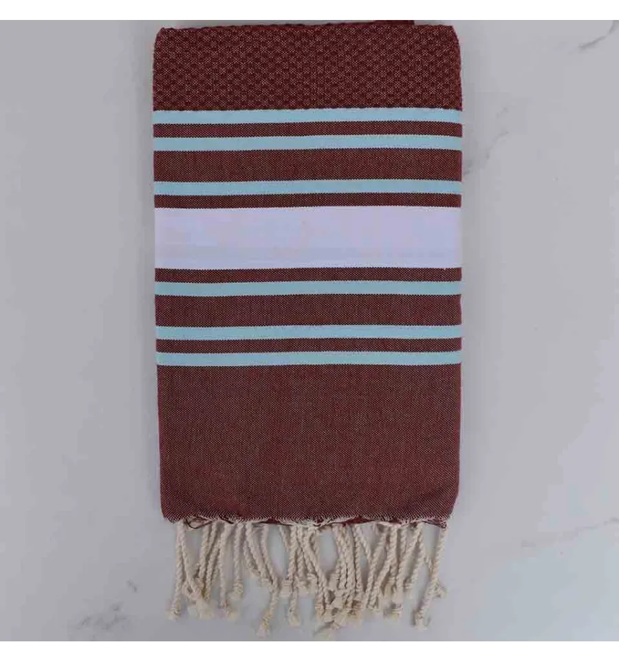 Fouta nid d'abeille rouge bourgogne rayée blanc et bleu clair 