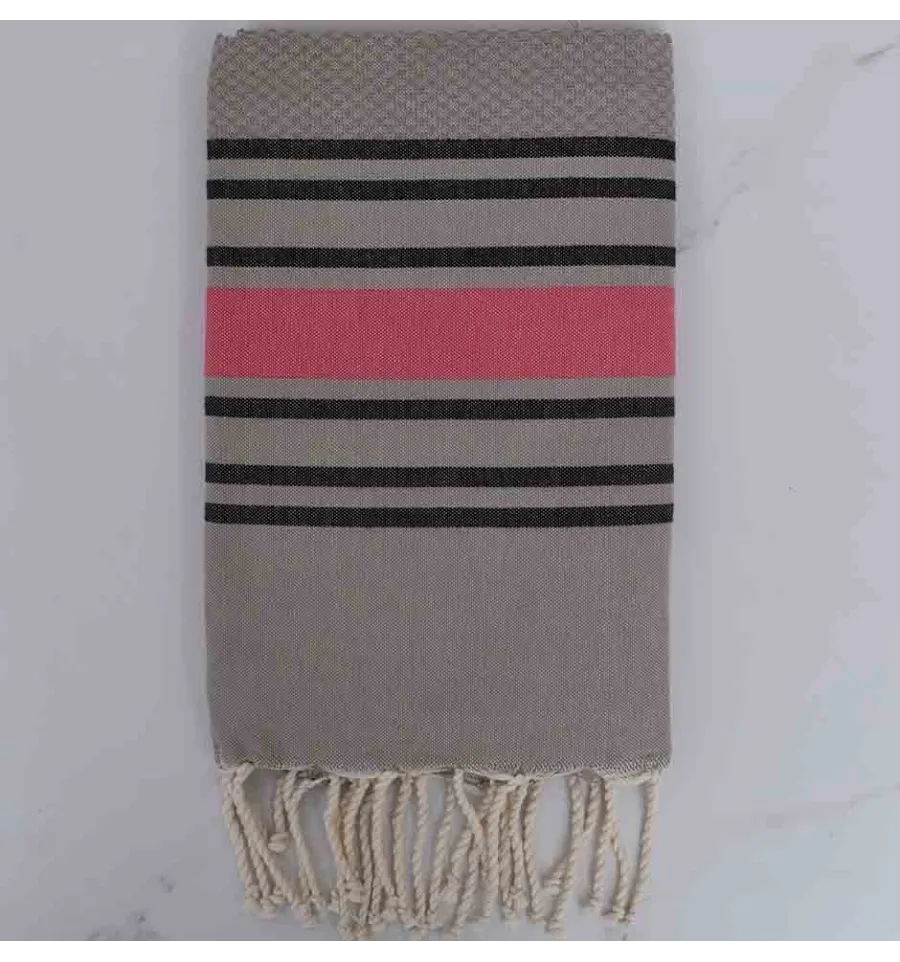 Fouta nid nid d'abeille taupe rayée noir et rose 