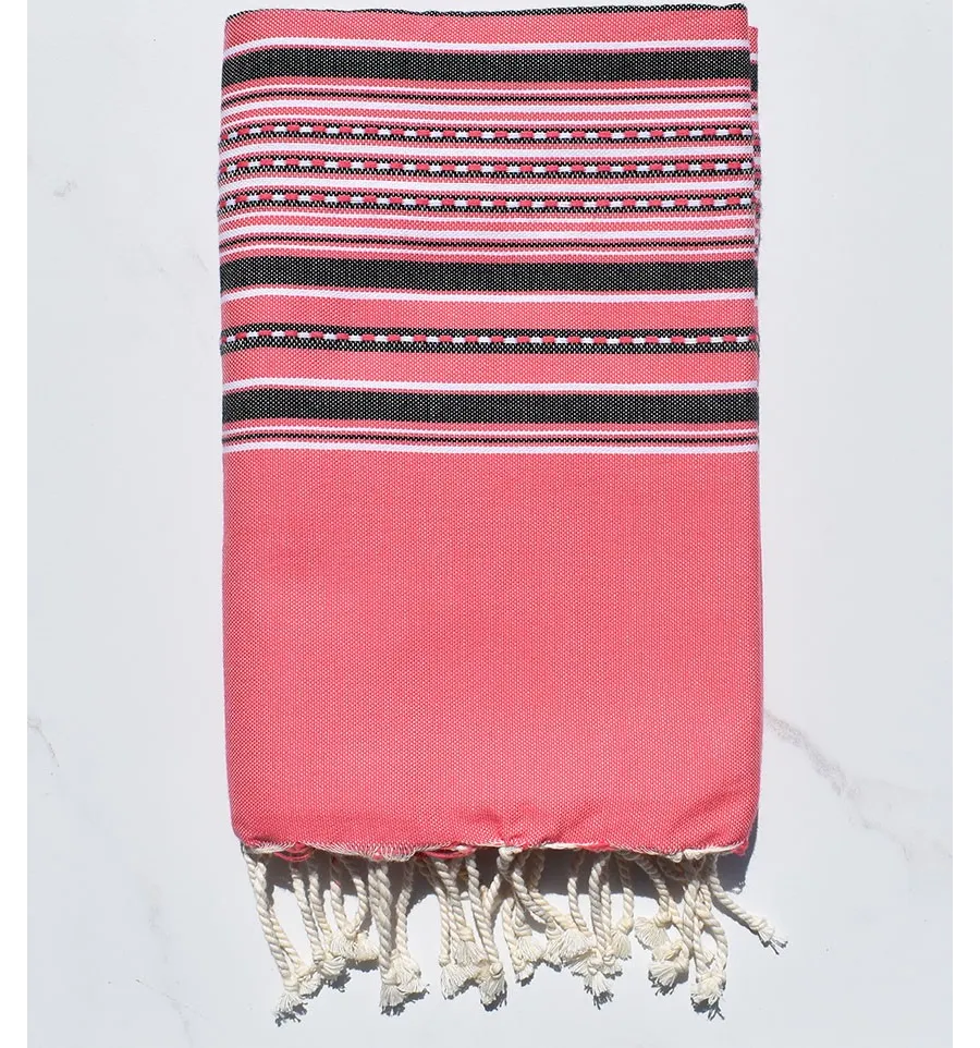 Fouta arabesque rose fraise avec rayures anthracite 