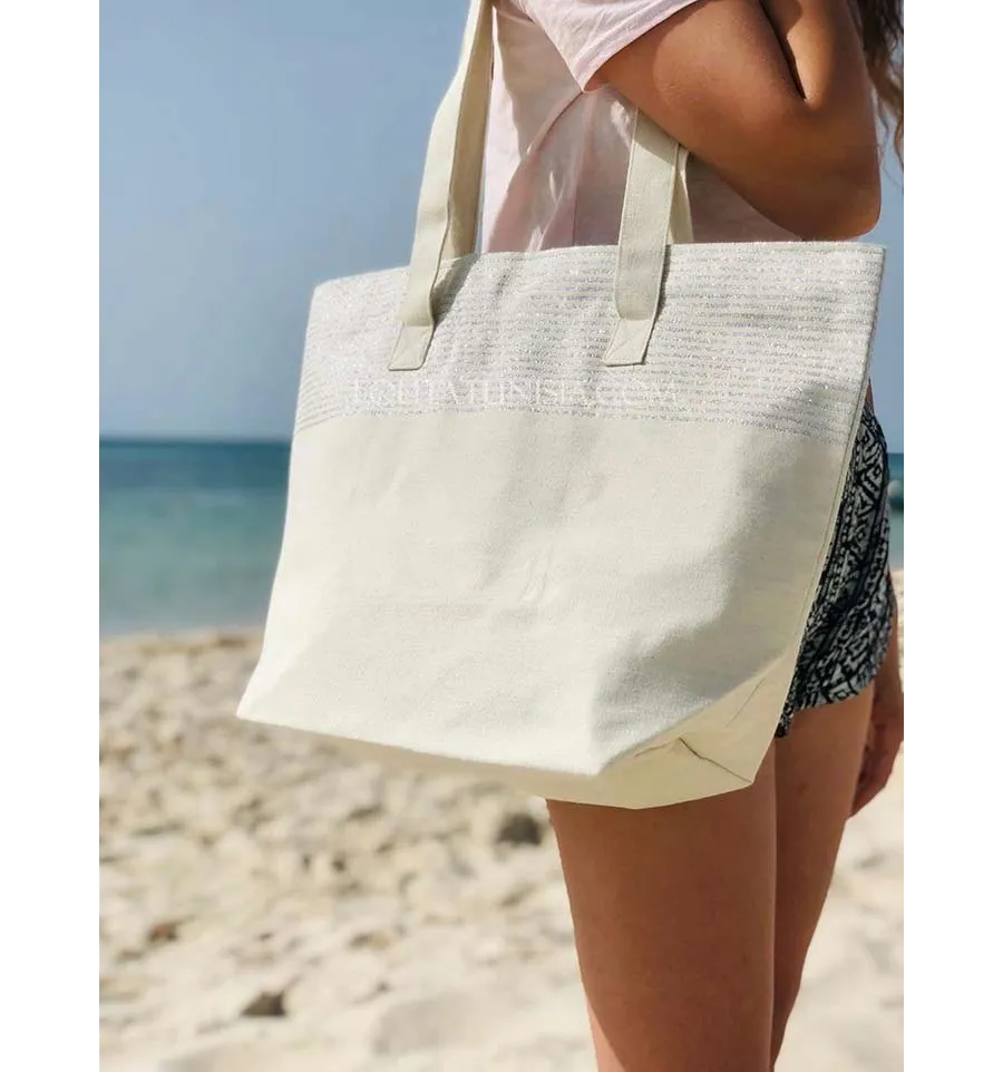 Strandtasche Strandtuch Ecru Farbe mit Silber Lurex Fouta Tunisia - 1