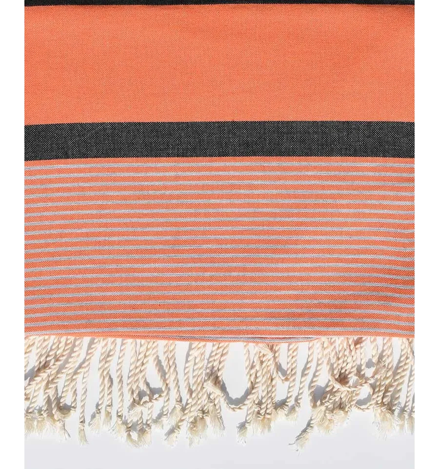 Bettüberwürfe 1,50m / 2,40m Farbe Korallenorange und Schwarzgrau Fouta Tunisia - 1