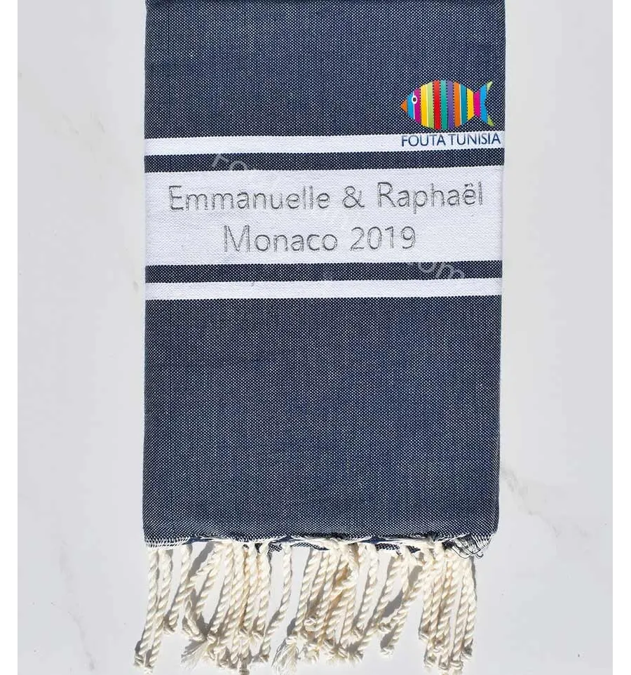 Strandtuch platte dunkles Denimblau bestickt mit silbernem Lurex für Hochzeit Fouta Tunisia - 1