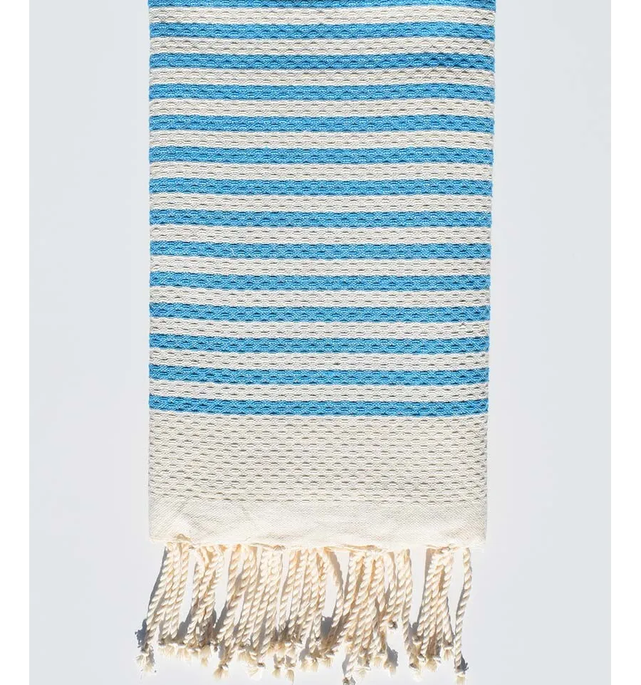 FOUTA nid d'abeille rayée 1 cm rayure bleu azur Fouta Tunisia - 1