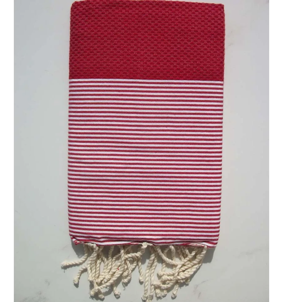 FOUTA NID D'ABEILLE rouge cinabre rayée blanc 